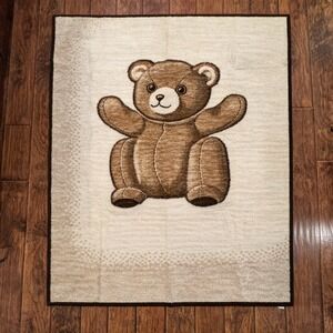 Vintage Biederlack Teddy Bear Reversible Blanket Brown Cream Velour USA 55X70